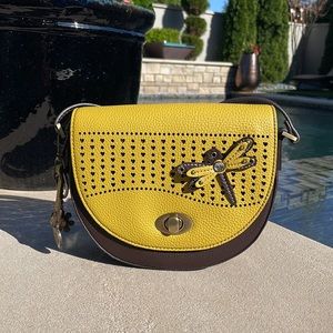 Dragonfly, Crossbody, shoulder handbag, purse, yellow, brown, vegan leather